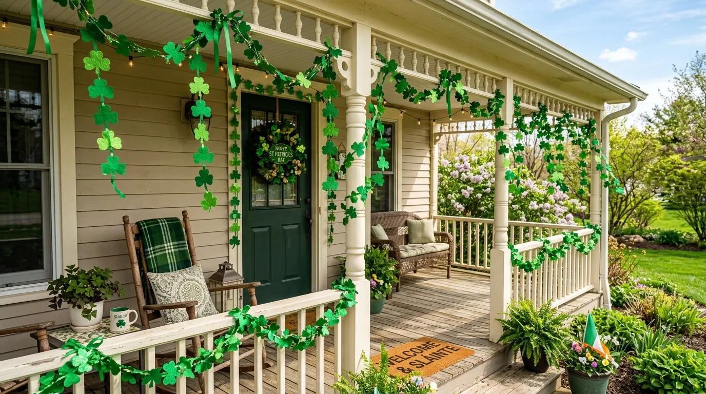 Porch with hanging shamrock garlands